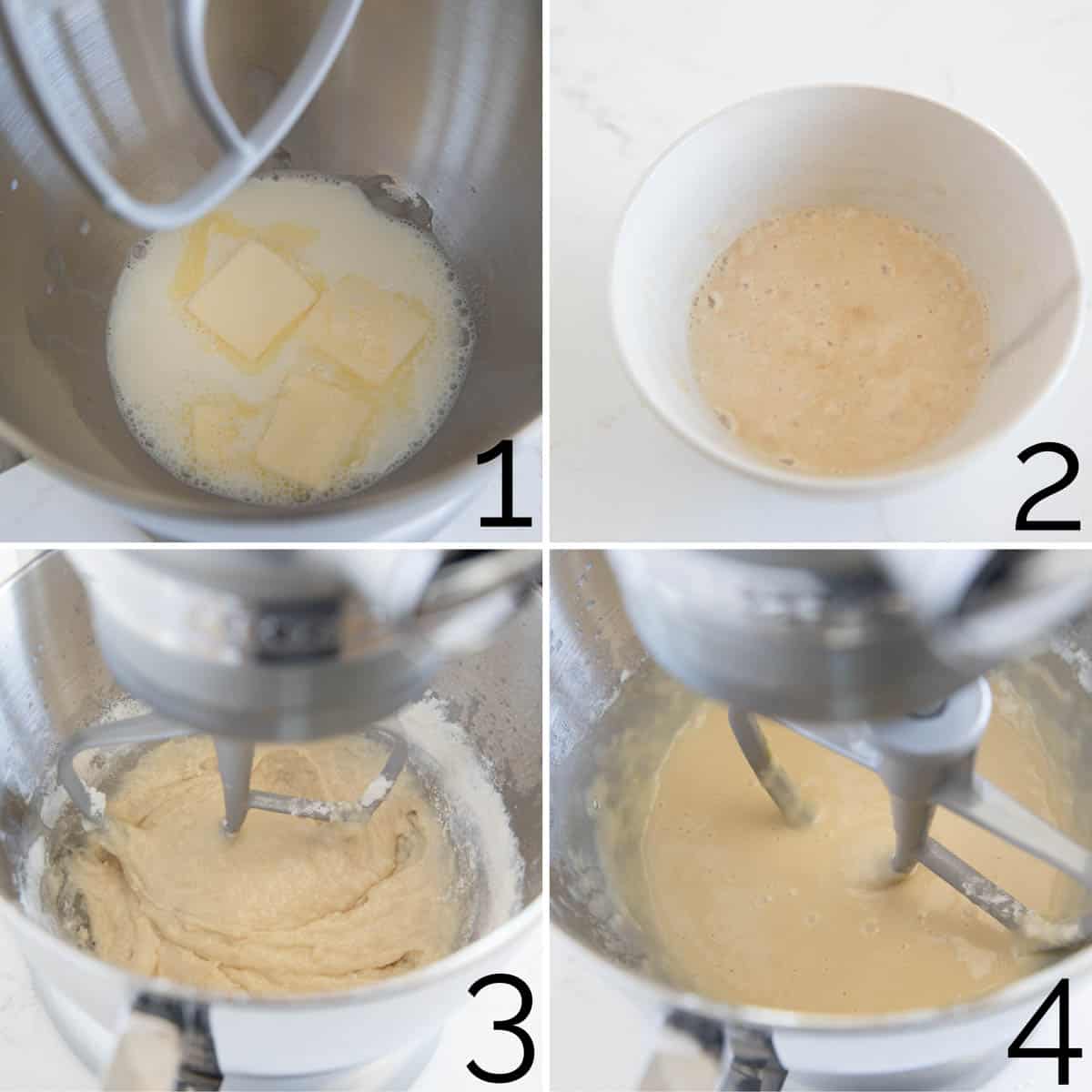 Step by step photos showing how to make butterhorn roll dough.