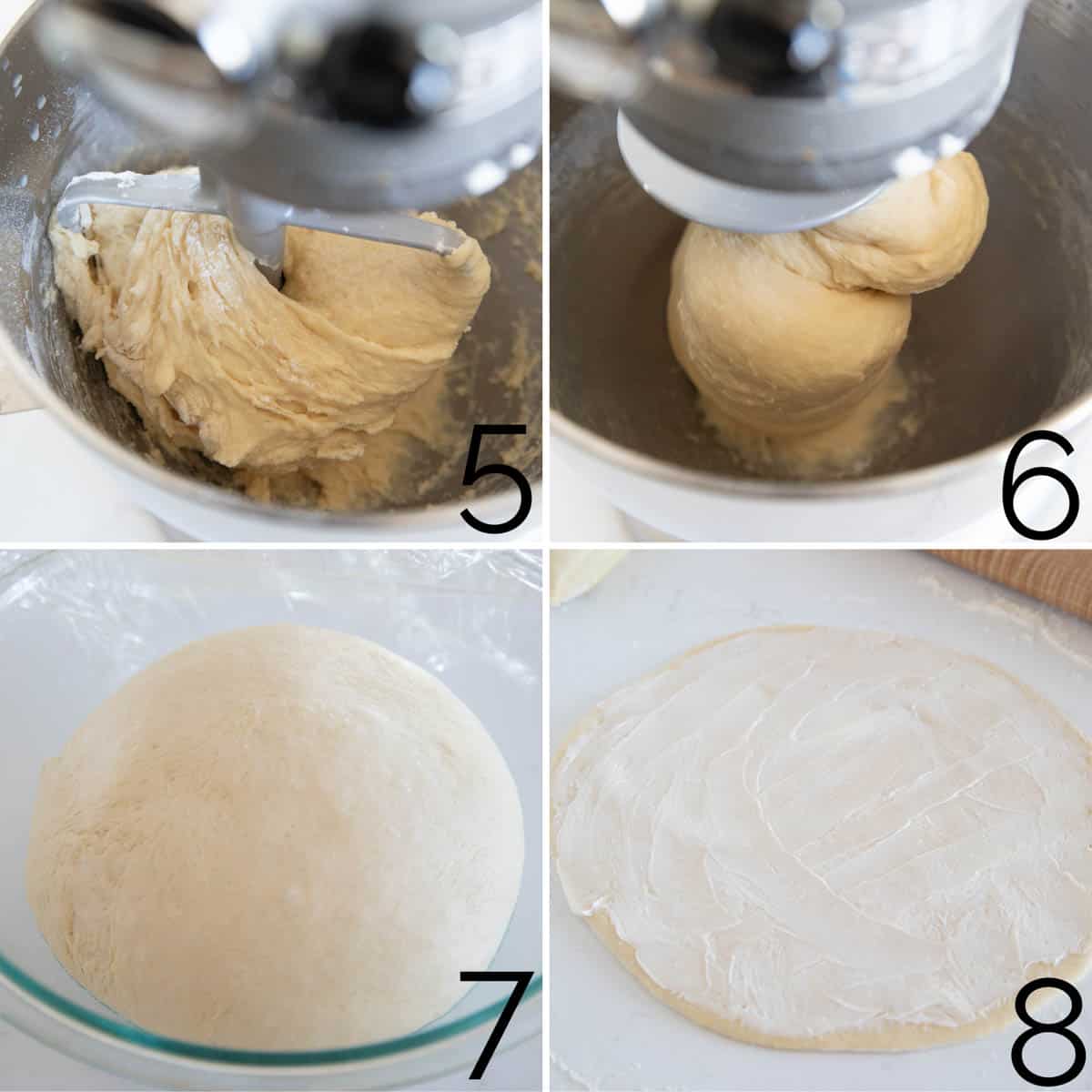 Steps for making butterhorn rolls, including kneading the dough, letting it rise, and rolling the dough and adding butter.