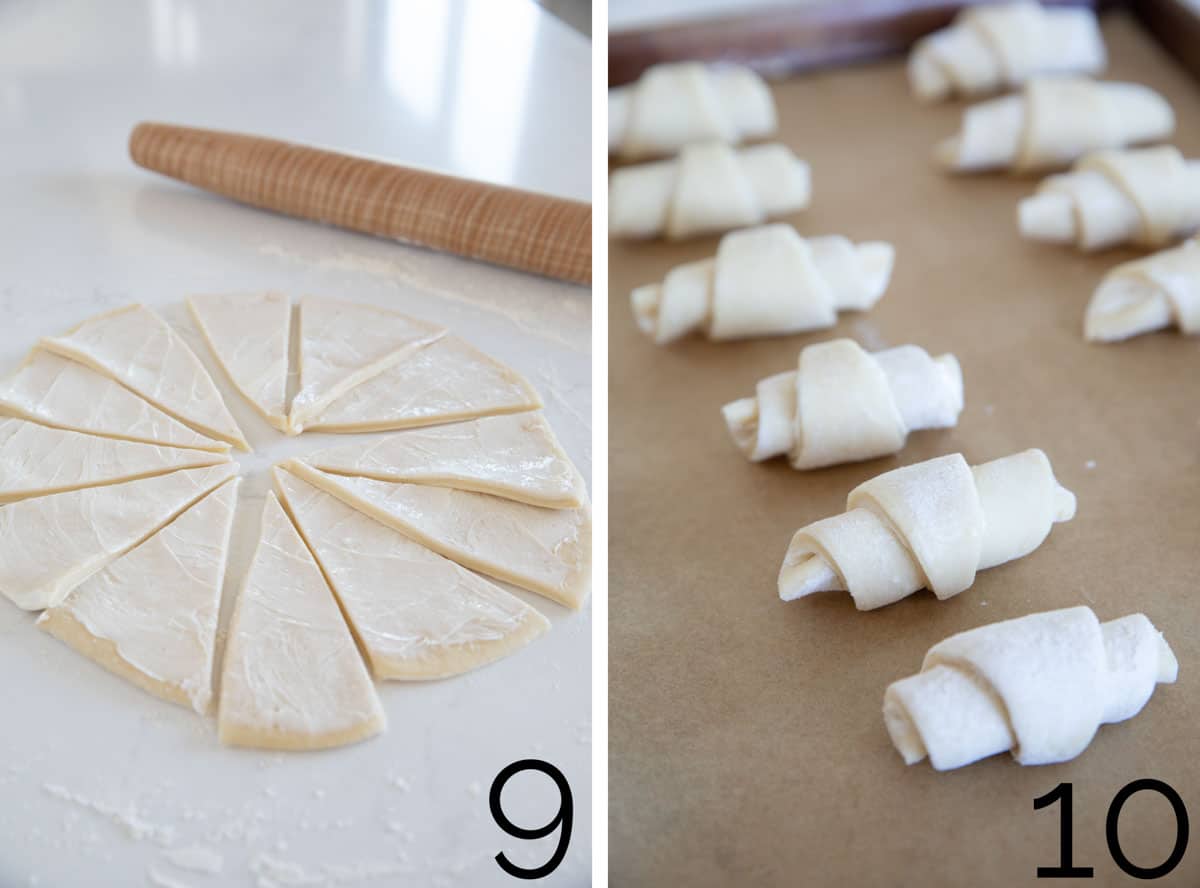 Cutting and shaping dough for butterhorn rolls.