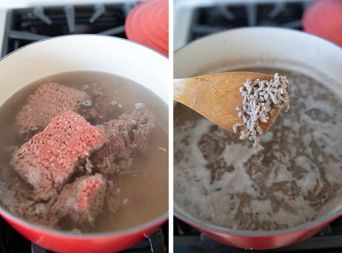 Boiling ground beef for Cincinnati Chili.