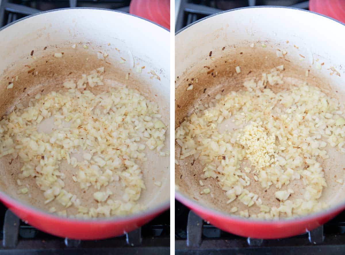 Dutch oven with cooked onions and adding garlic.