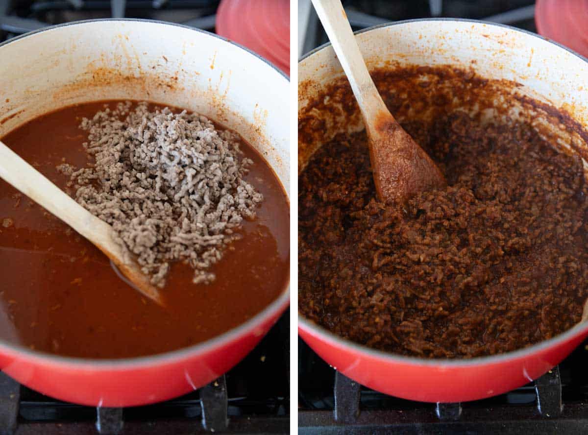 Adding ground beef into Cincinnati Chili and cooking until thickened.