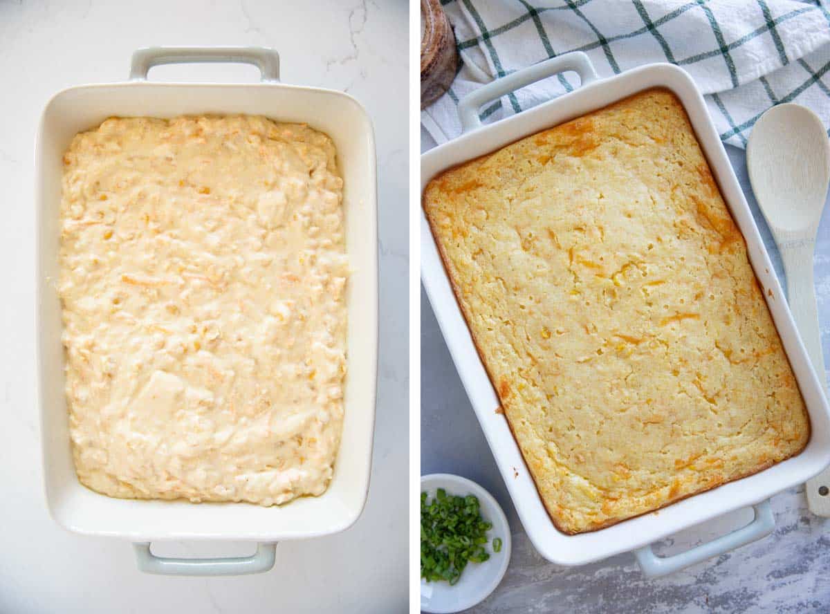 Corn casserole batter in a baking dish on the left, and the dish with the baked corn casserole on the right.