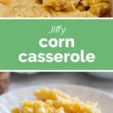 Corn casserole collage with text bar in the middle.
