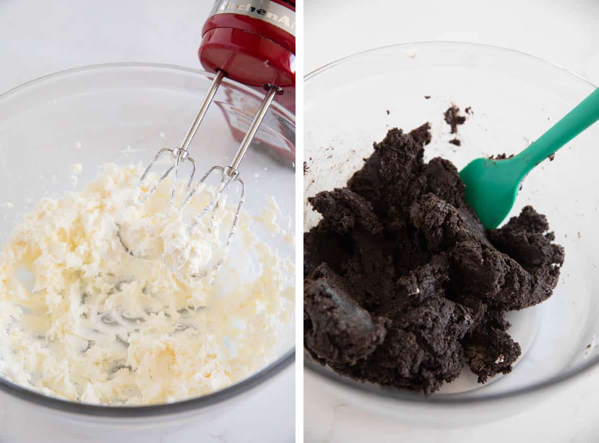 Beating cream cheese and then adding Oreo crumbs to make the filling for Oreo truffles.