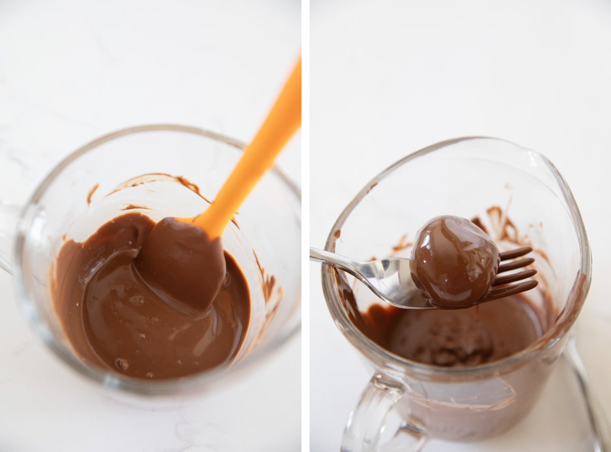 Melting chocolate and covering Oreo balls in the chocolate for Oreo truffles.