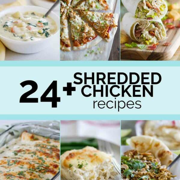 Collage with photos of recipes made using cooked shredded chicken with a text bar in the middle.