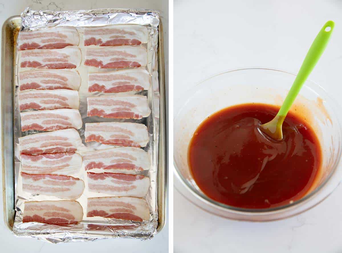 Par-cooking bacon, and mixing ingredients together for a homemade barbecue sauce.