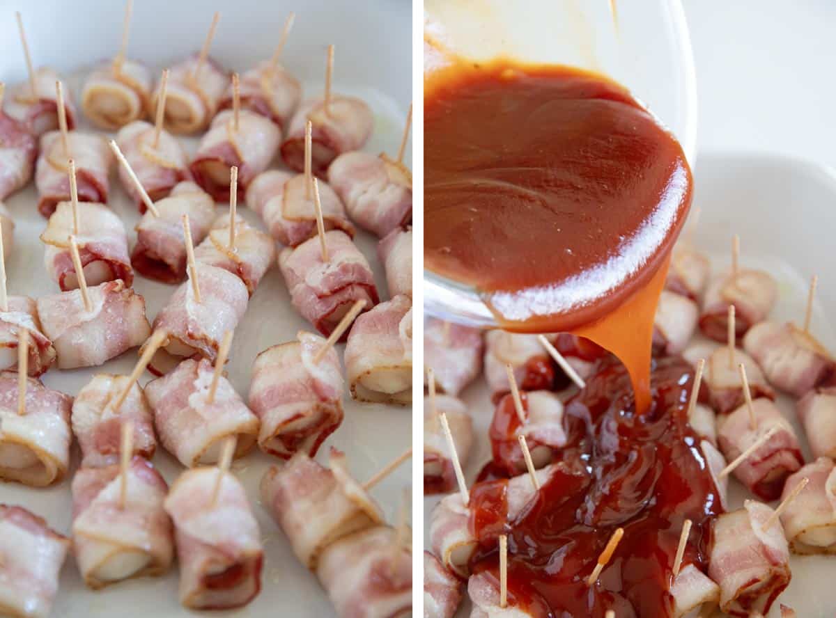 Wrapping water chestnuts in bacon and then covering in bbq sauce.