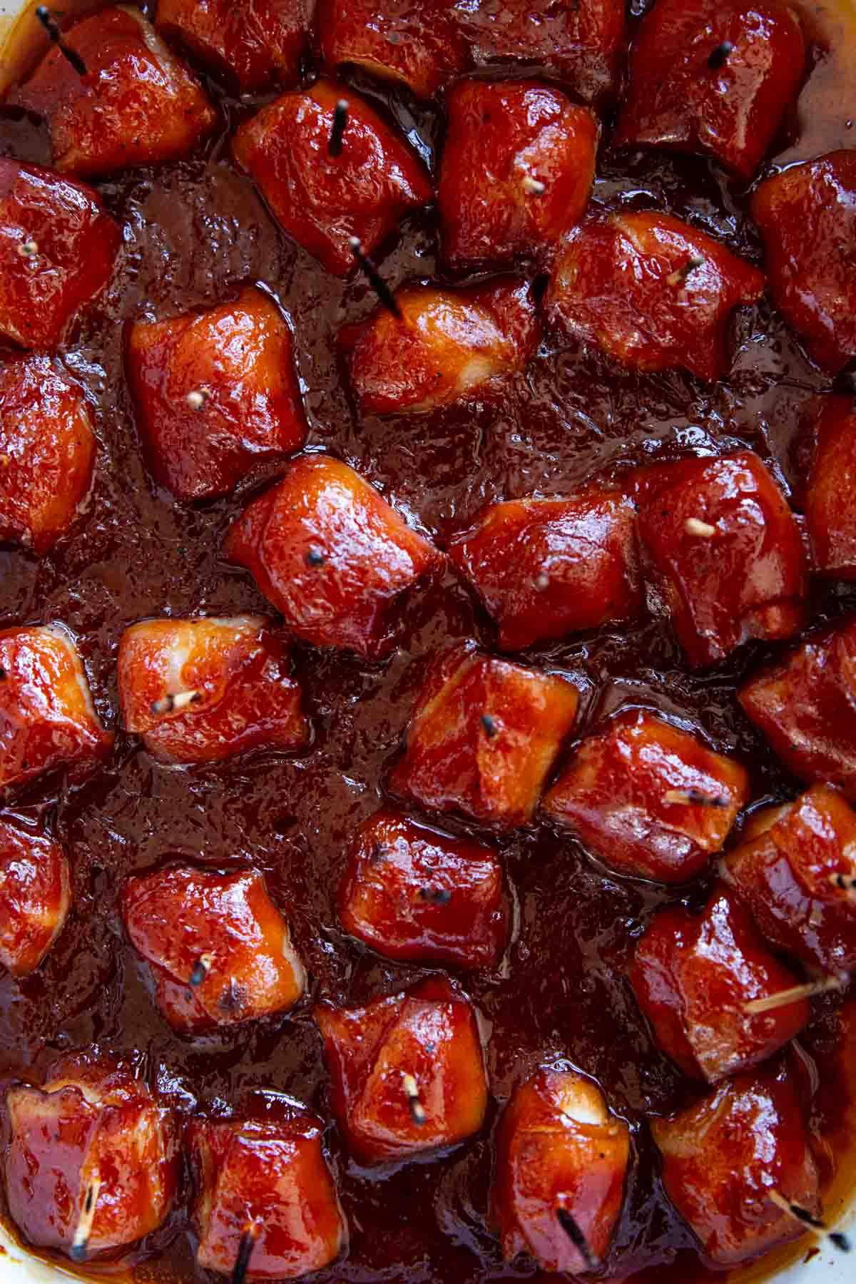Water chestnuts covered in bacon and then cooked in a homemade bbq sauce.