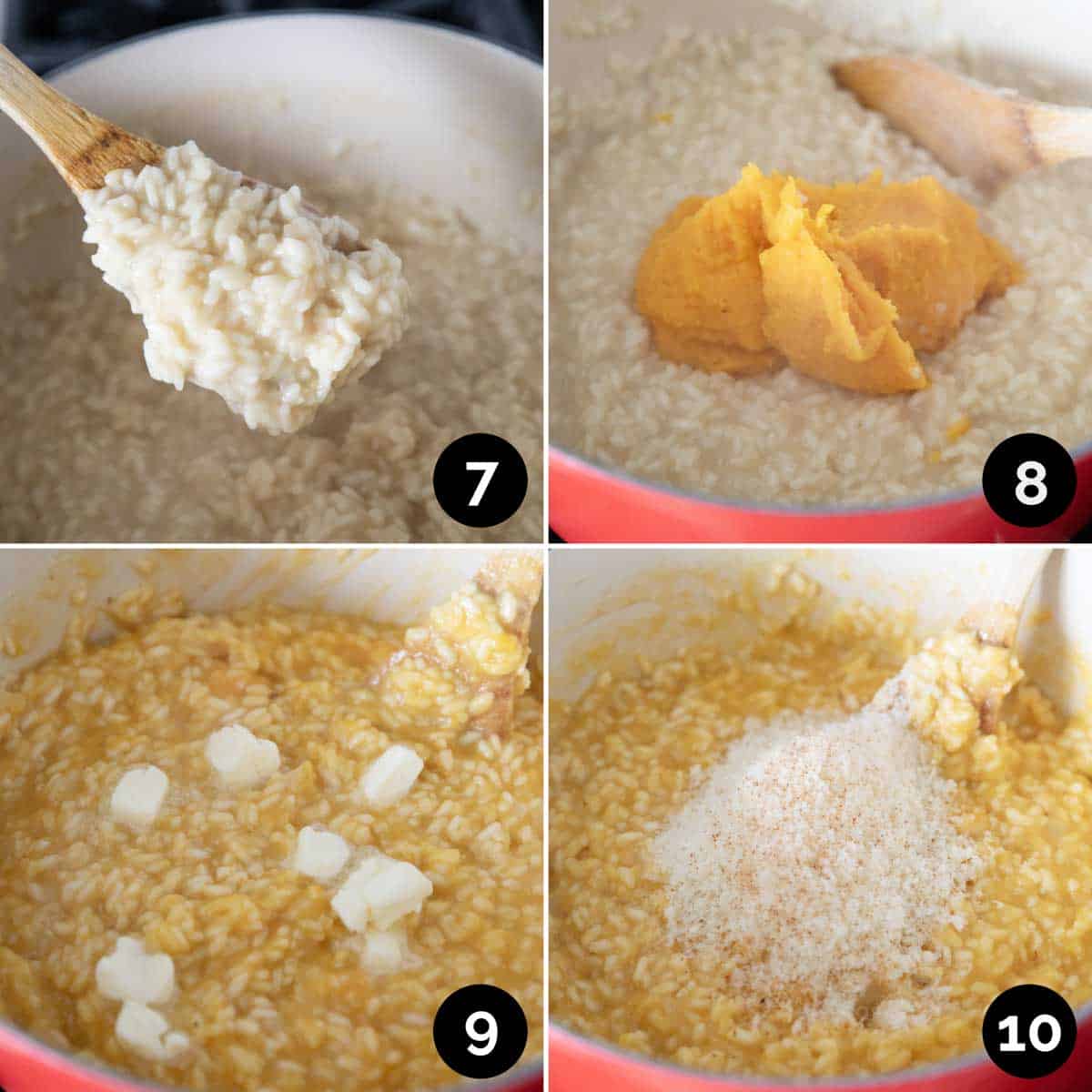 Step by step photos showing how to make butternut squash risotto - stirring in broth, adding squash puree, adding butter, and parmesan.