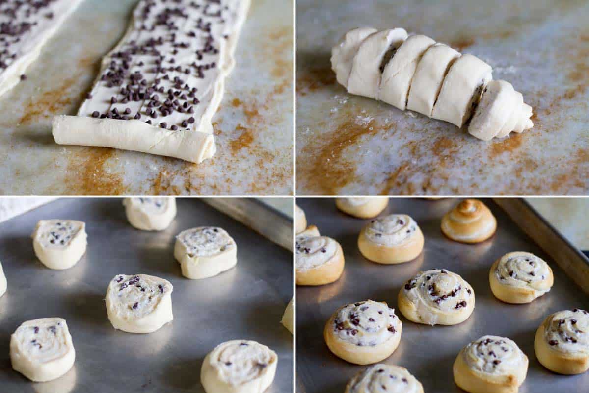 Visual of how to make chocolate chip crescent roll cookies.
