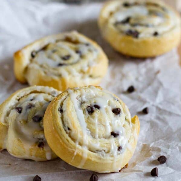 Cookies made from crescent rolls, filled with cream cheese and chocolate chips.