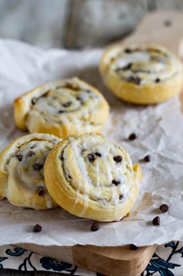 Cookies made from crescent rolls, filled with cream cheese and chocolate chips.