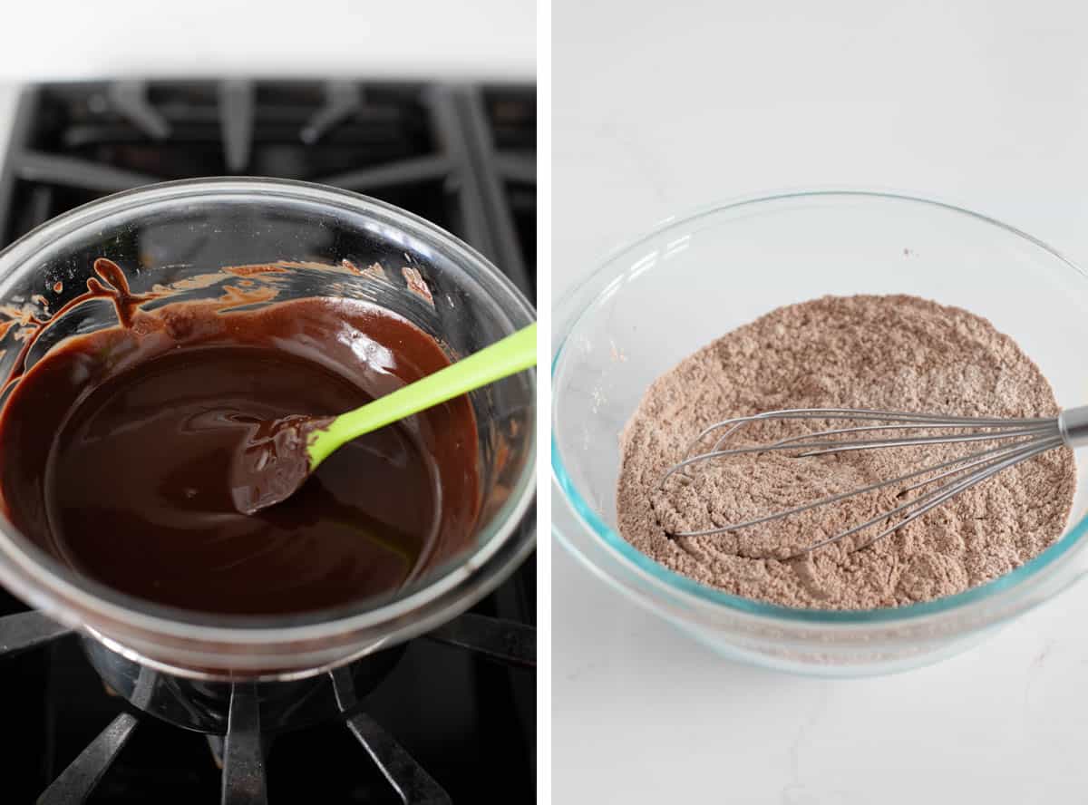 Melting chocolate and mixing dry ingredients for Chocolate Crinkle Cookies.