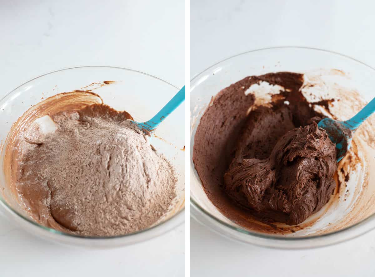 Mixing dry ingredients into batter to make chocolate crinkle cookies.