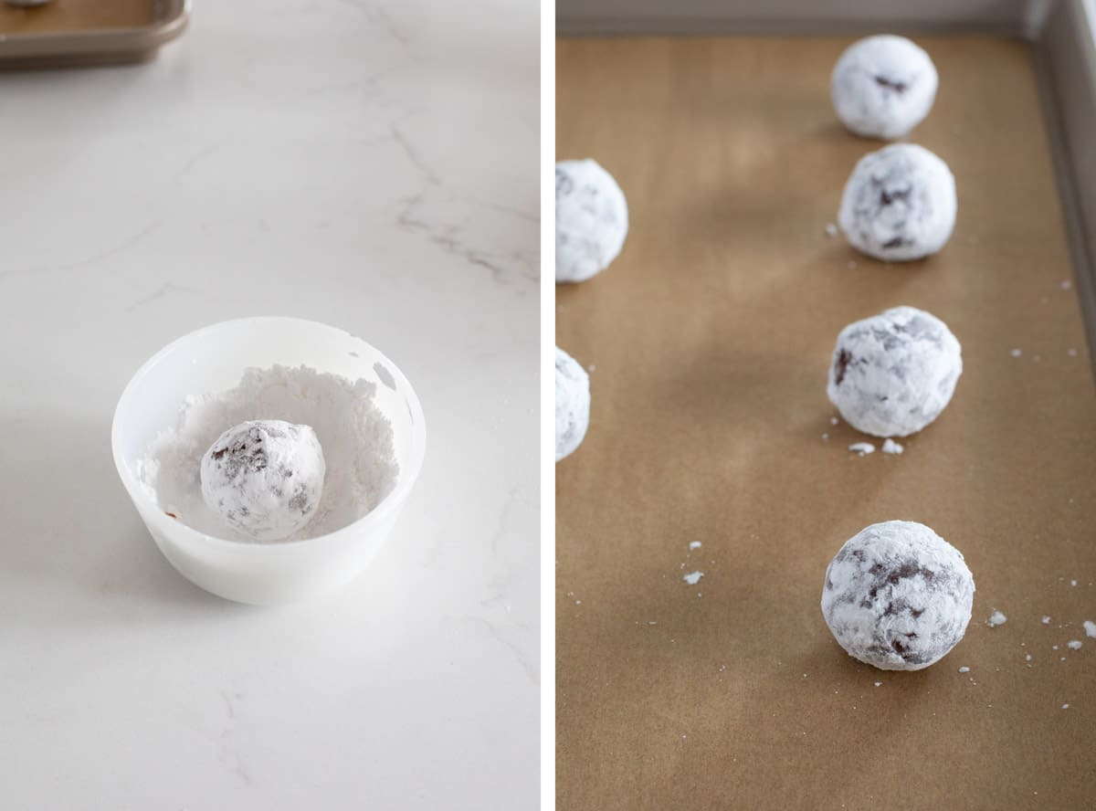 Rolling cookie dough in powdered sugar for Chocolate Crinkle Cookies.