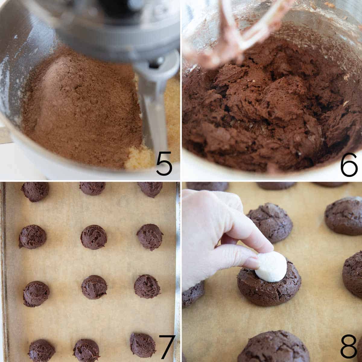 Making and shaping dough for chocolate marshmallow cookies.