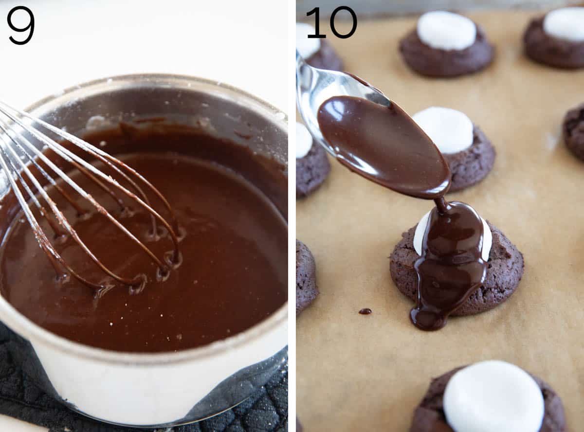 Making chocolate glaze and then adding it to the top of cookies.