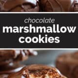 Chocolate Marshmallow Cookies collage with text bar in the middle.