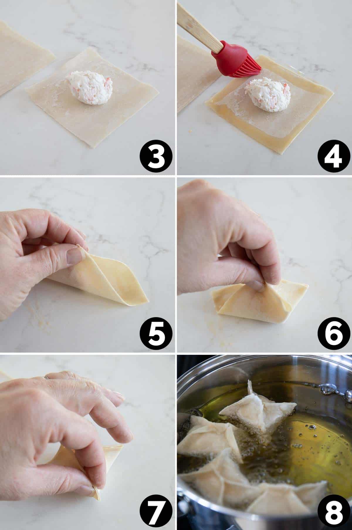 How to fold and fry crab rangoon.