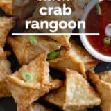 Crab Rangoon with text overlay.