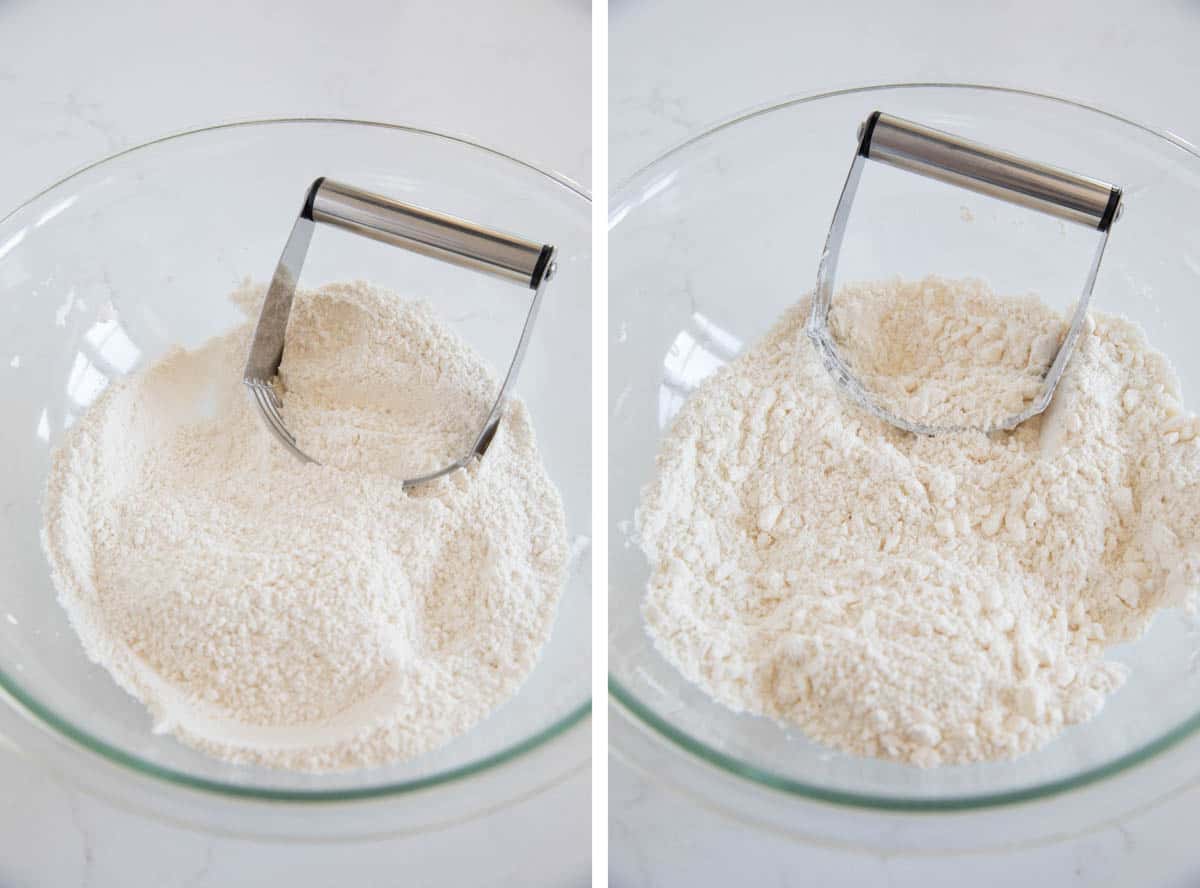 Cutting butter into dry ingredients to make scones.