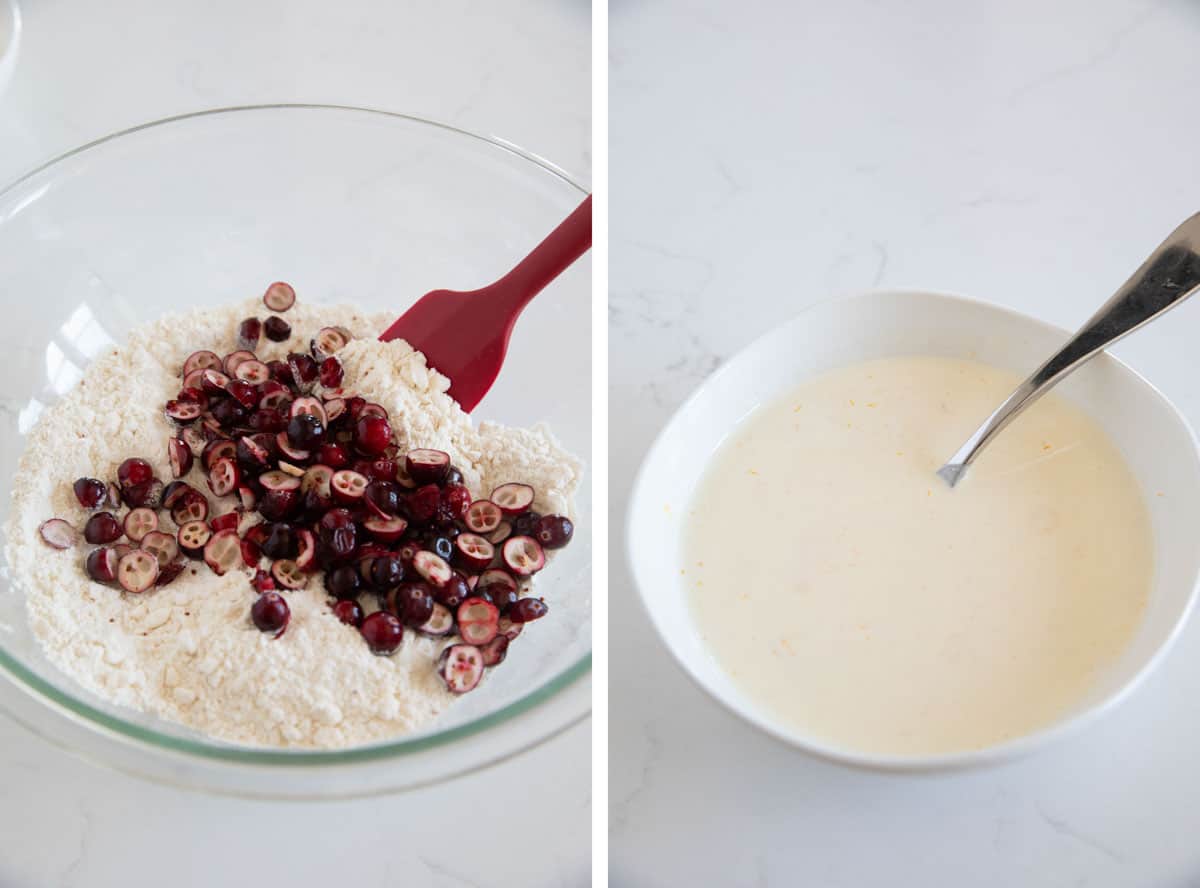 Adding fresh cranberries to ingredients to make cranberry orange scones, then mixing together the wet ingredients.