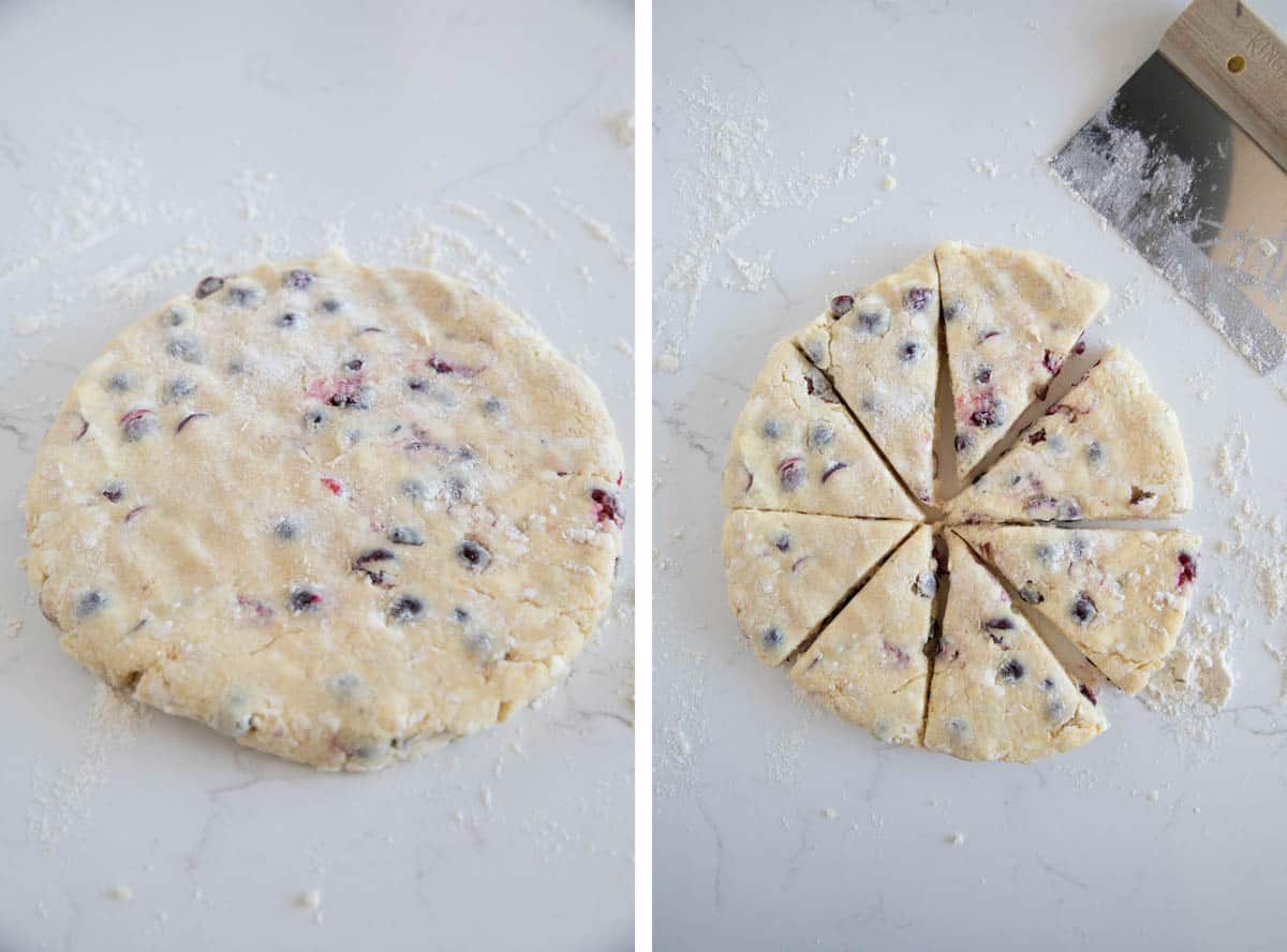 Shaping scone dough and cutting into wedges.