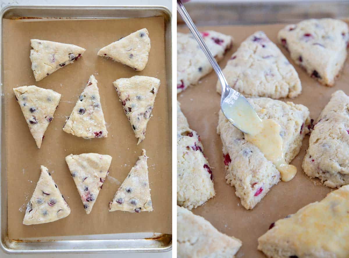 Baking cranberry orange scones and topping with orange glaze.