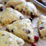 Cranberry orange scones with orange glaze on a baking sheet.