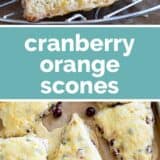 Cranberry orange scones collage with text bar in the middle.