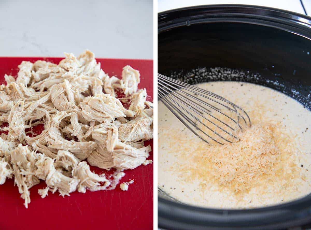 Shredded chicken on a cutting board and alfredo sauce with parmesan cheese in a slow cooker.