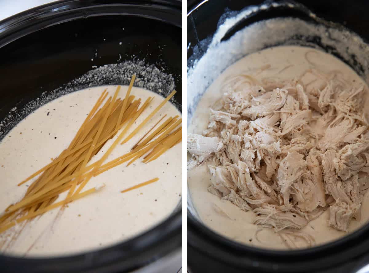 Adding pasta to sauce in a crock pot, then adding in cooked chicken.