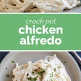 Crock Pot Chicken Alfredo collage with text bar in the middle.