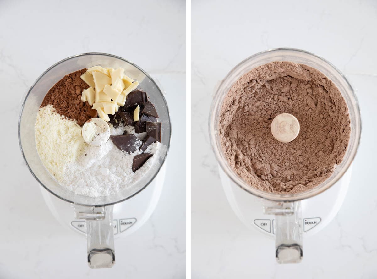 Making homemade hot chocolate mix in a food processor.
