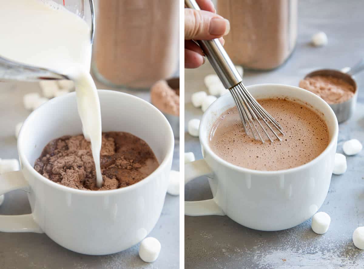Pouring milk into a mug with homemade hot chocolate mix.