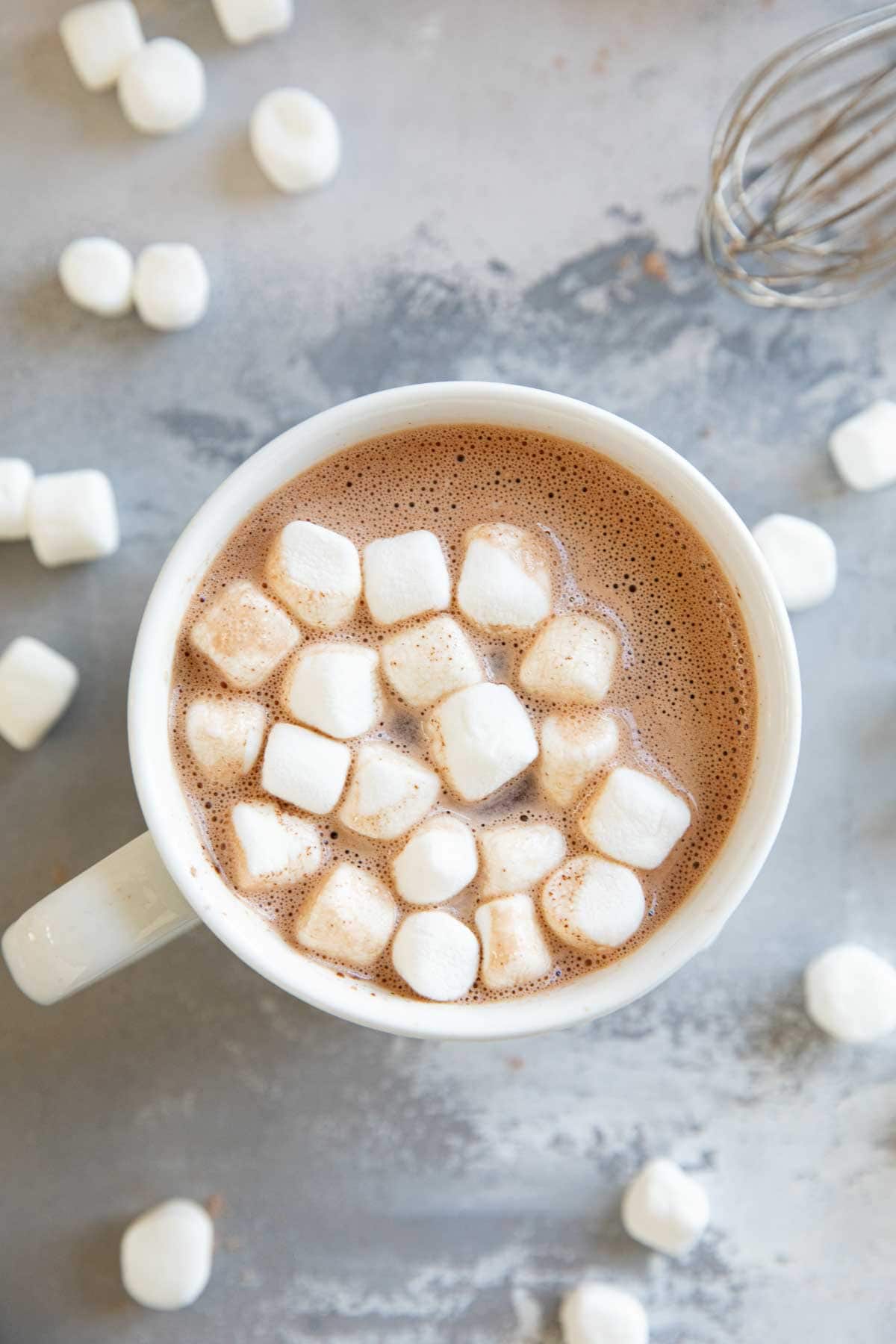 Hot chocolate made with Homemade Hot Chocolate Mix topped with marshmallows.