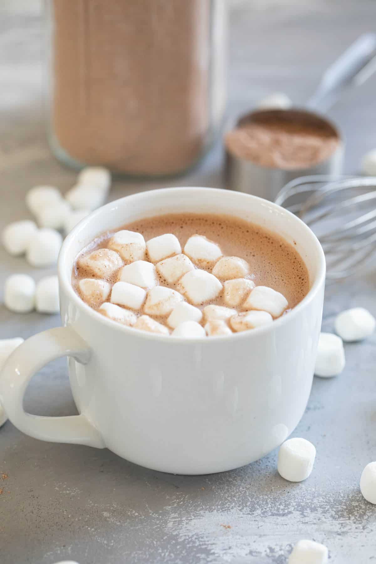 Mug filled with hot chocolate made with homemade hot cocoa mix.