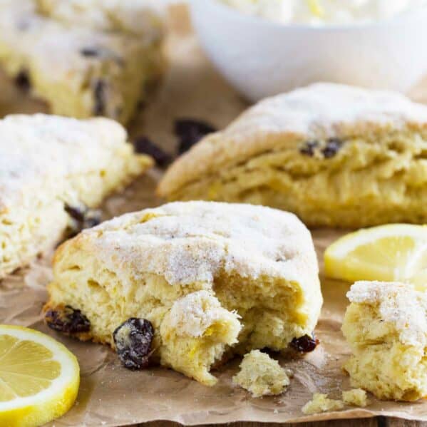 Lemon scones filled with dried cherries and nutmeg.