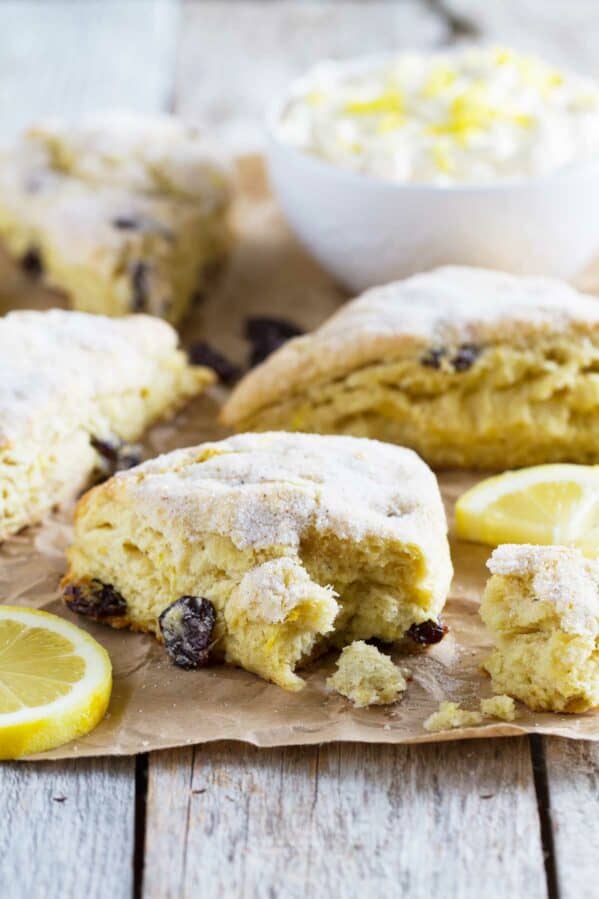 Lemon scones filled with dried cherries and nutmeg.