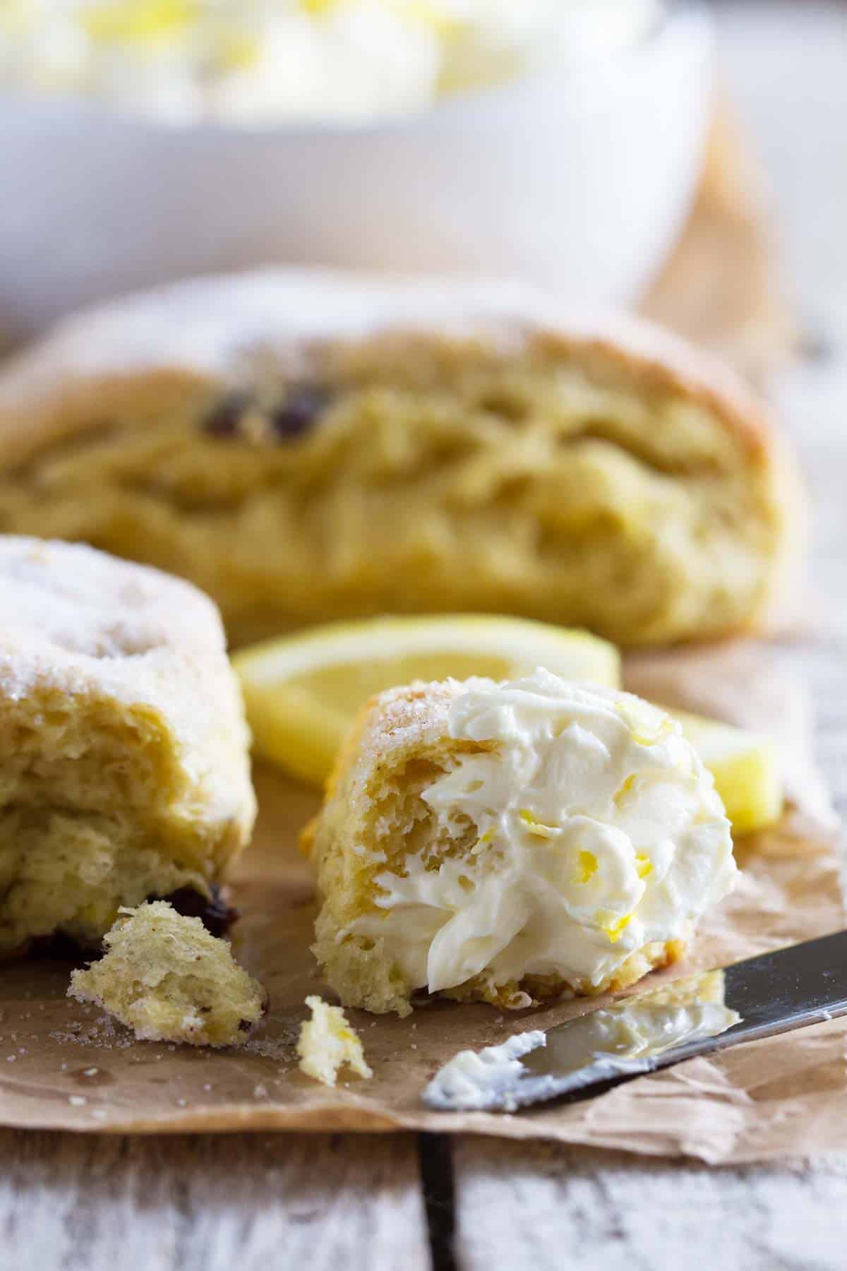 Lemon scone with lemon yogurt dipping sauce.