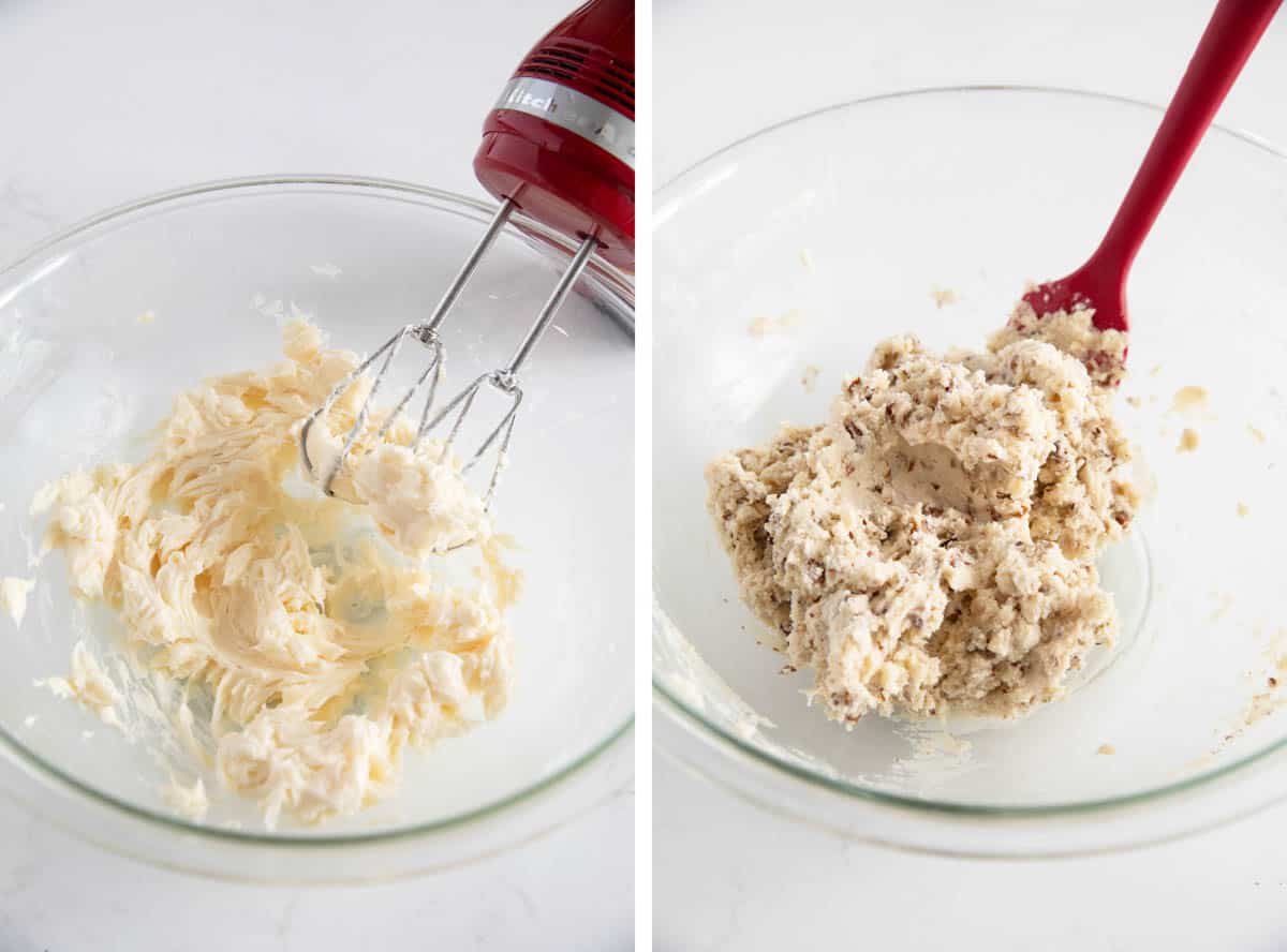 Collage showing beating butter and sugar together, then making dough by adding flour and toasted nuts.