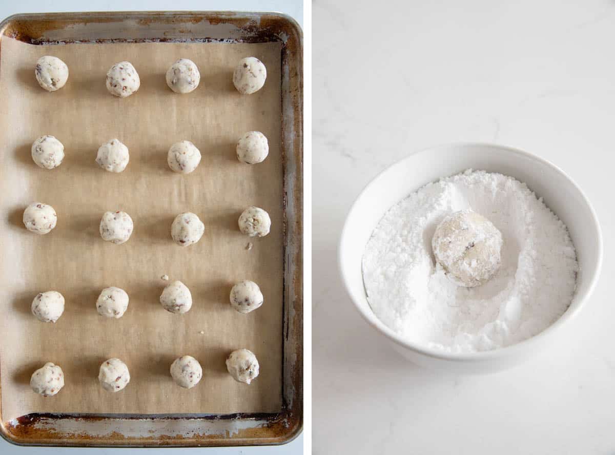 Collage showing rolling dough into balls, and then rolling baked cookies in powdered sugar.