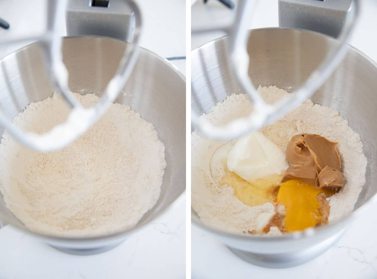 Mixing ingredients together for Peanut Butter Blossoms.