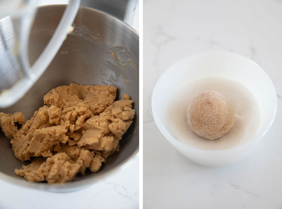 Dough for peanut butter blossoms in a mixer bowl, and cookie dough being rolled in powdered sugar.