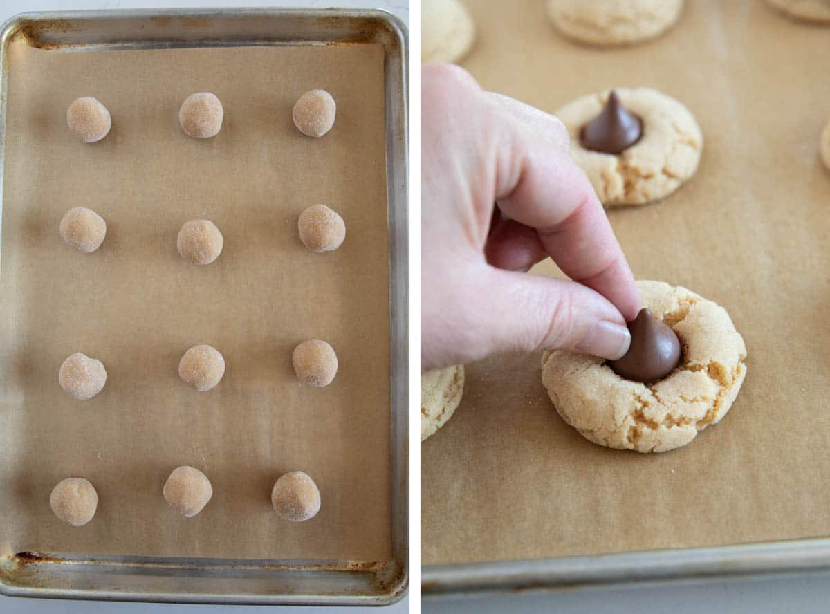 Making peanut butter blossoms and adding the Hershey's kiss on top.