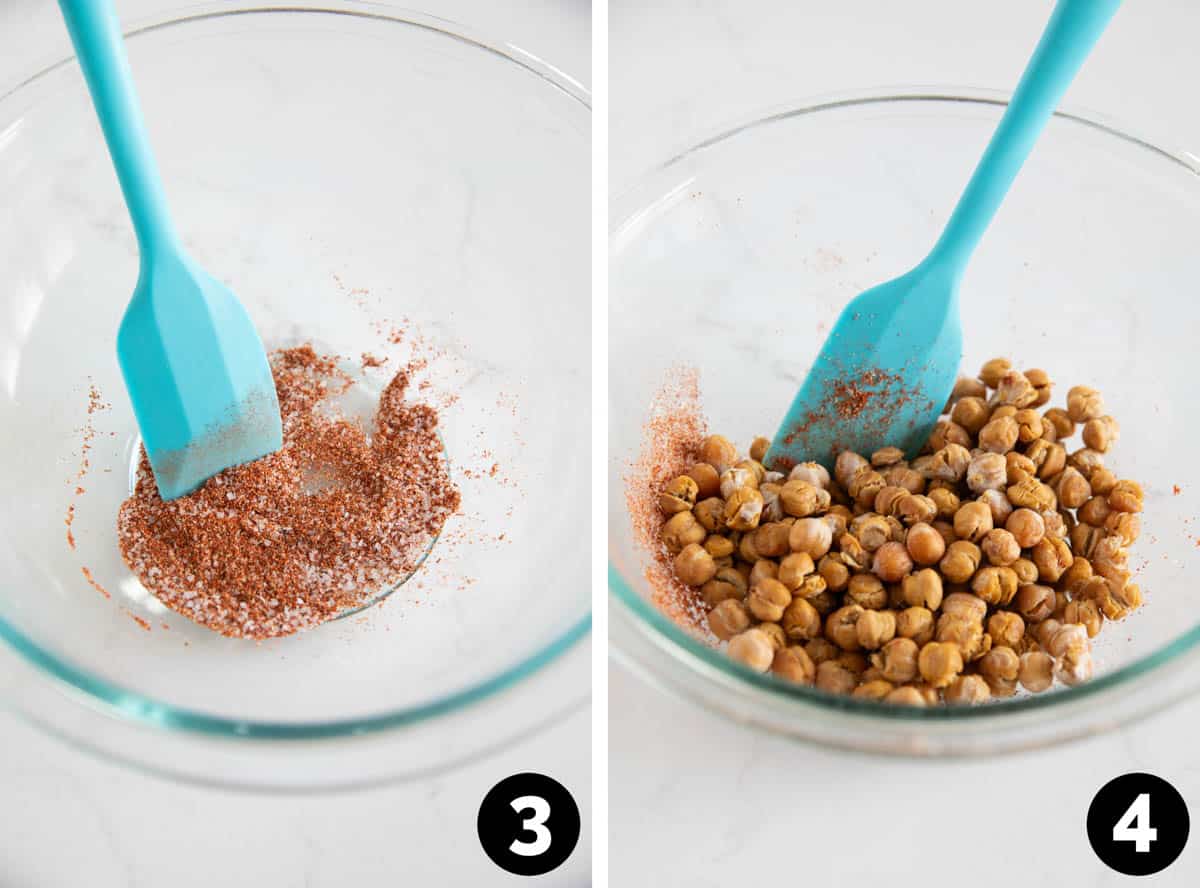 Mixing spices for roasted chickpeas.