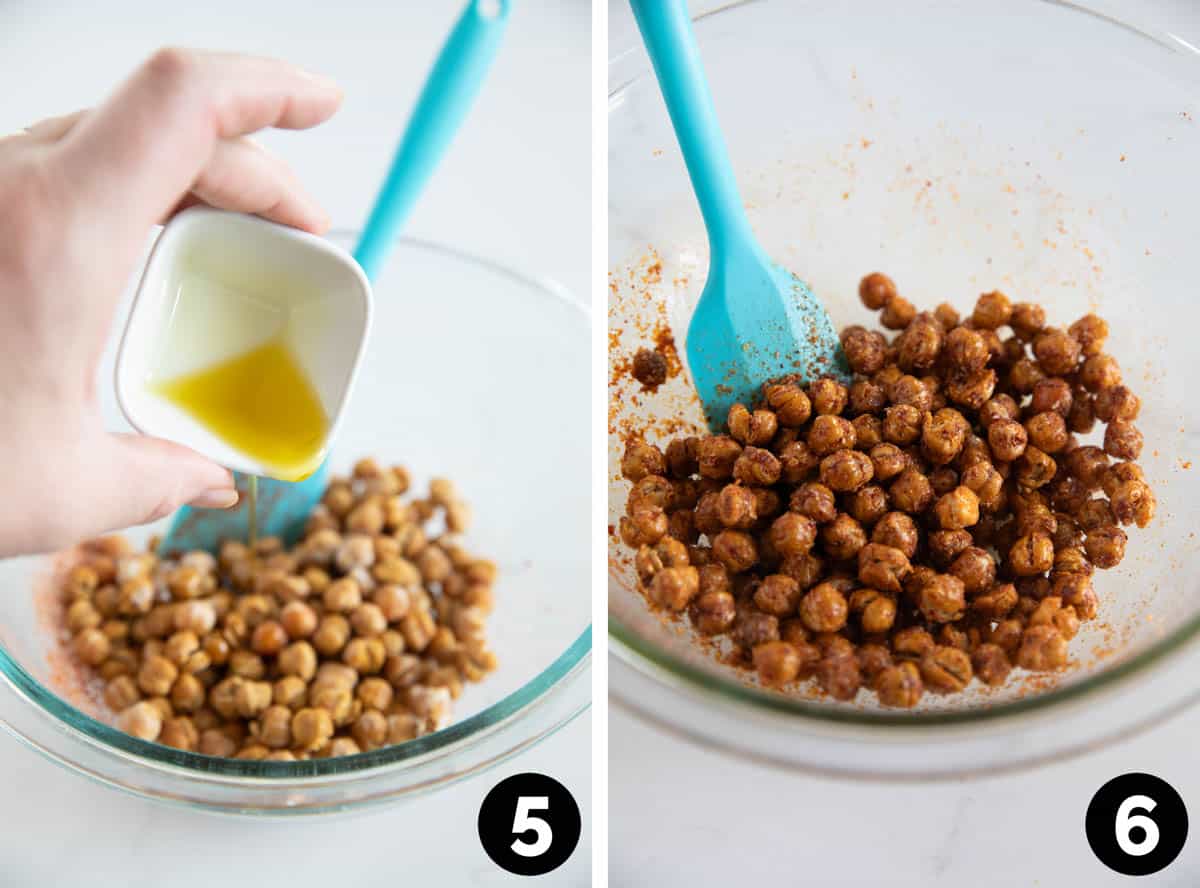 Stirring spices into roasted chickpeas.