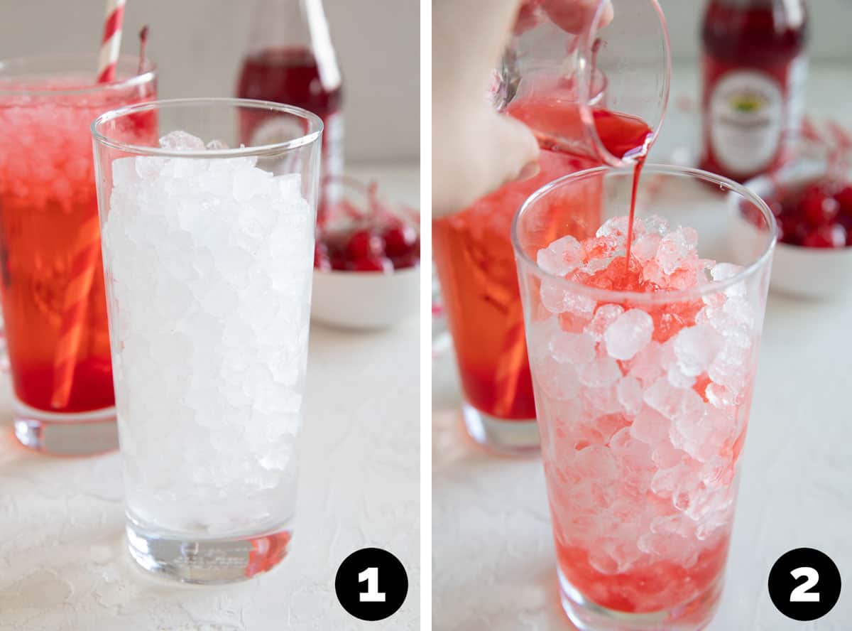 Glass with ice, and pouring grenadine into the ice.